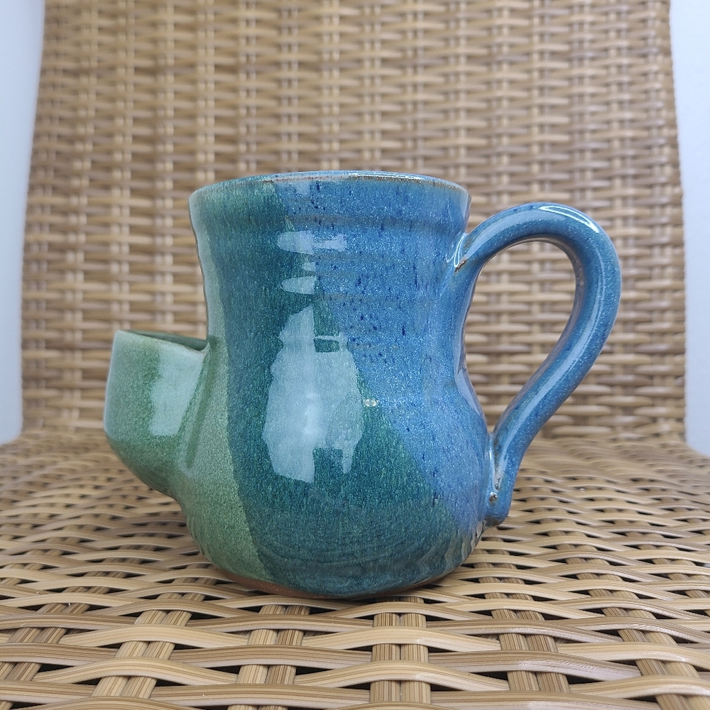 Tea Coffee Mug Handmade Ceramic Homemade Green Blue Teabag Slot